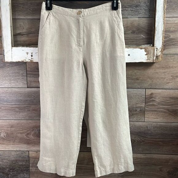 L.L. Bean Women’s Khaki Linen Classic Fit Straight Button Zip Leg Pants Sz 10 - Picture 2 of 10